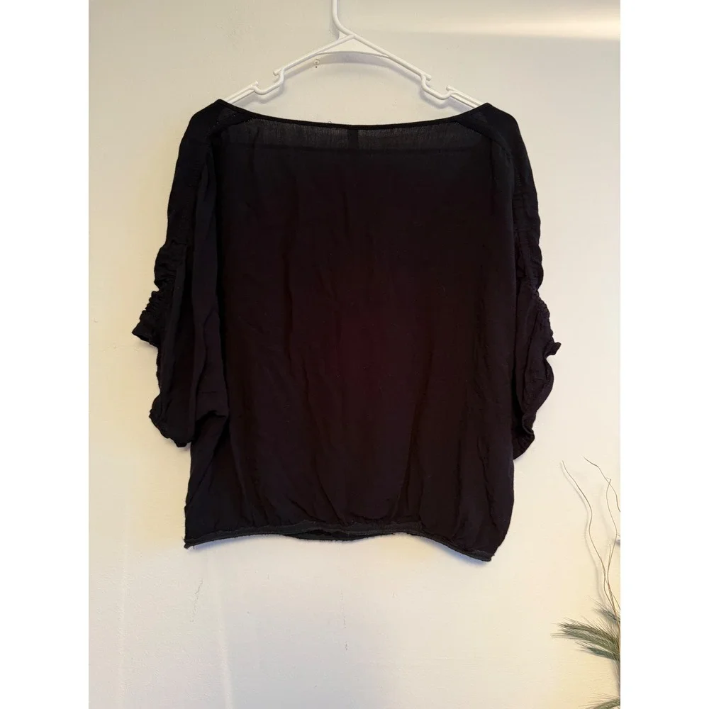 Free People Intimately Black Ruched Sleeve Surplice Tie Front Top XL OB428131